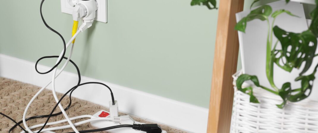 Different,Electrical,Plugs,In,Socket,And,Power,Strip,On,Floor