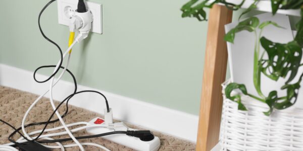 Different,Electrical,Plugs,In,Socket,And,Power,Strip,On,Floor Different,Electrical,Plugs,In,Socket,And,Power,Strip,On,Floor